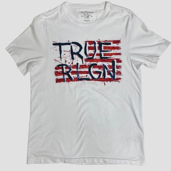 True Religion Unisex T Shirt  White Red Blue Flag USA July 4th M - Picture 1 of 7